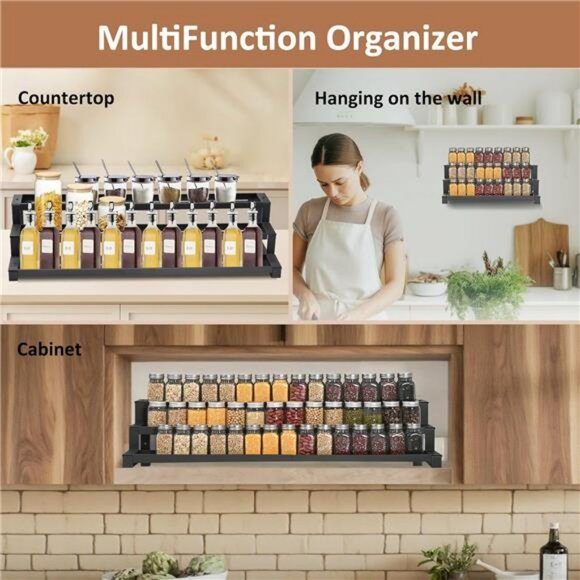 expandable spice rack organizer 3 tier metal cabinet pantry shelf seasoning hold - Picture 5 of 7